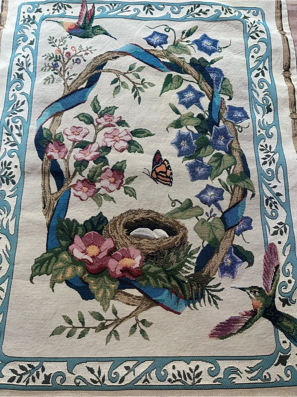 Hummingbird & Floral Wreath Tapestry Wall Hanging in Blue and Cream